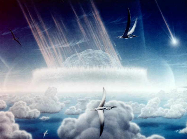 This painting by Donald E. Davis depicts an asteroid slamming into tropical, shallow seas of the sulfur-rich Yucatan Peninsula in what is today southeast Mexico. The aftermath of this immense asteroid collision, which occurred approximately 65 million years ago, is believed to have caused the extinction of the dinosaurs and many other species on Earth. The impact spewed hundreds of billions of tons of sulfur into the atmosphere, producing a worldwide blackout and freezing temperatures which persisted for at least a decade. Shown in this painting are pterodactyls, flying reptiles with wingspans of up to 50 feet, gliding above low tropical clouds.