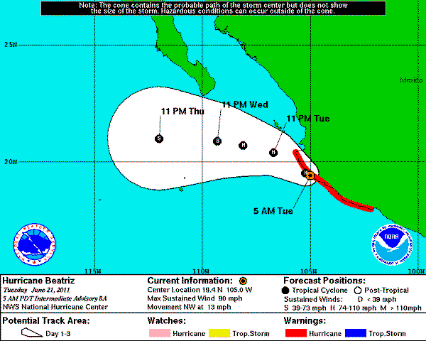 Hurricane Beatriz on land briefly at 7-8 am EST