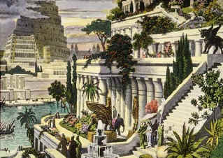 Famous hanging garden of Babylon with tower of Babel in background. "The fame of Babylon extends like a plant..."