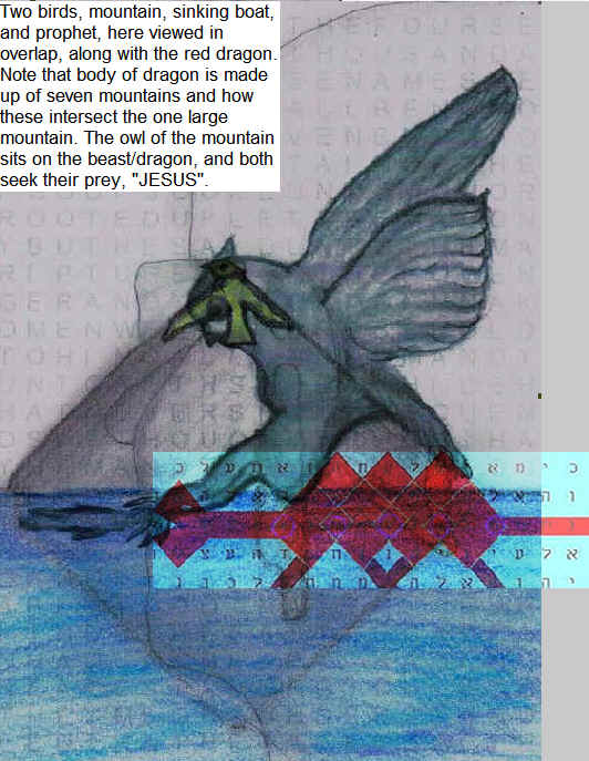 A horned owl called "ROME" that claims to be the dove of "EDEN", but is a "WHORE" decked in jewels, plotting "WAR" on the way to "HELL". She sits upon many waters and rides a dragon/beast composed of seven hills and troubles the sea. And there is a large mountain made from these seven smaller hills, (which partly excludes the seventh hill). All this overlaps the face of a prophetess encoded using bible prophecy numbers, 666, 1260, and 144,000. 