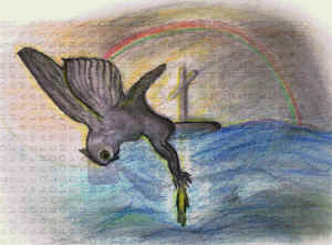 Jesus walking on the water towards the sail/cross, and the owl swooping Him up.